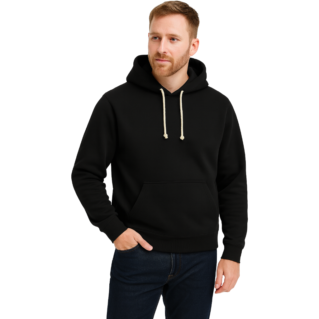 modelo con buzo con capucha canguro negro